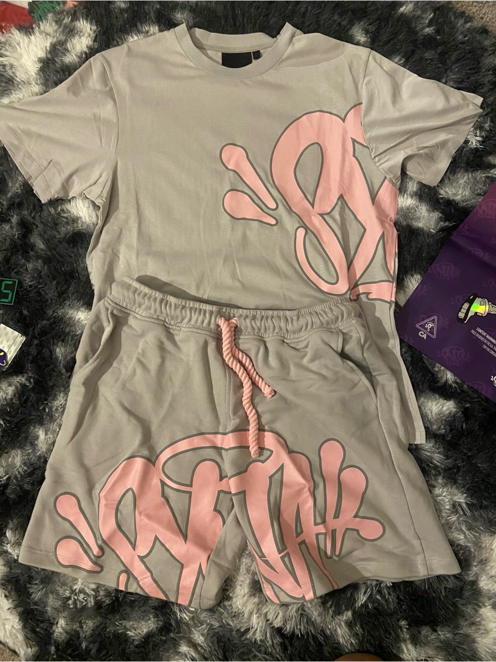 Men's Gray and Pink Graphic Tee & Shorts Set